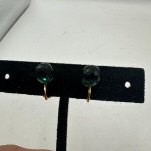Vintage 1968 Gold Clip-On Earrings With Faceted Green Glass Beads